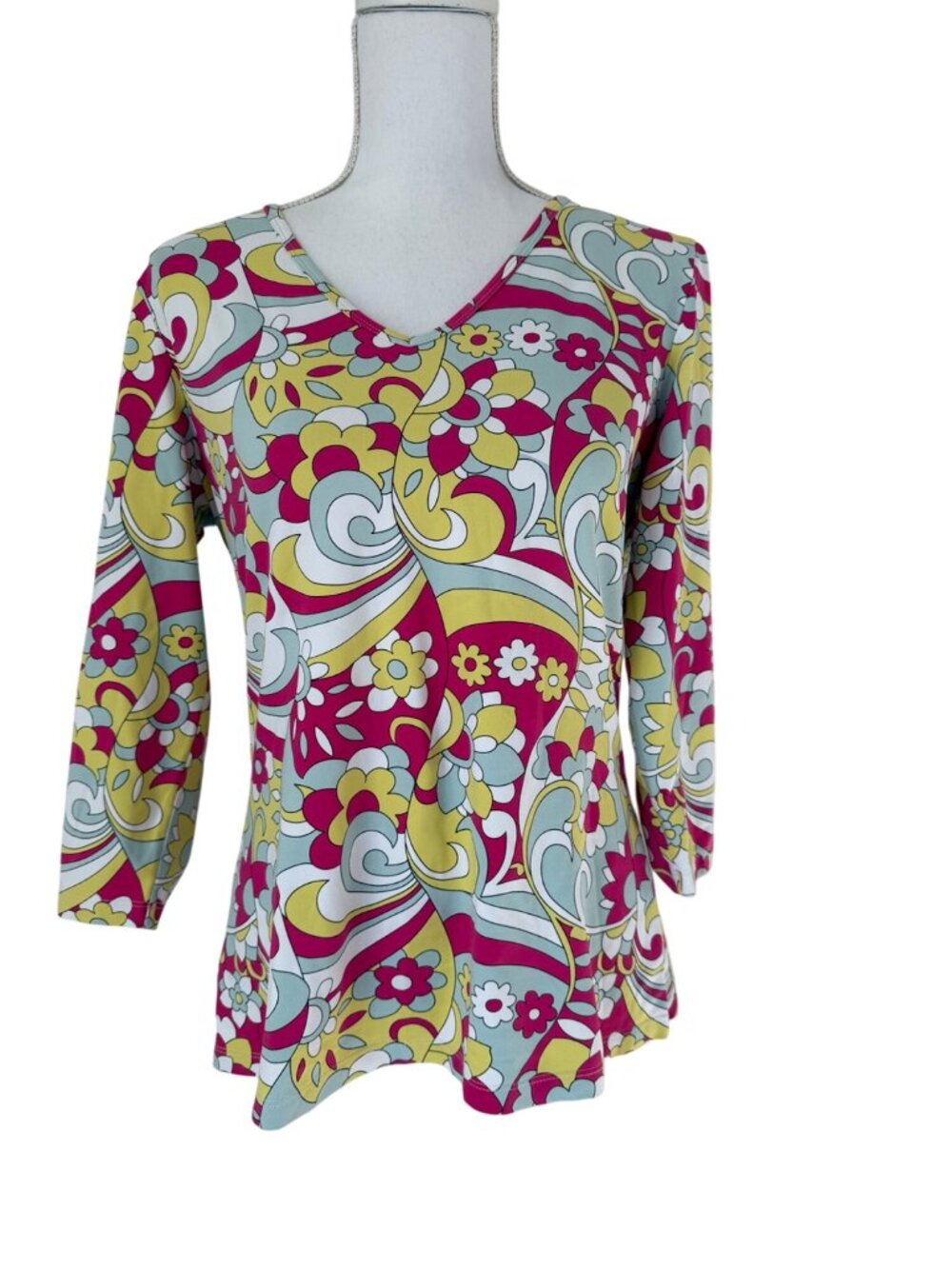 J.McLaughlin Blouse Size Large Catalina Pink Yellow Floral Swirl Stretch